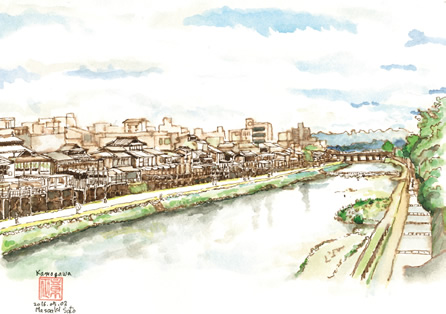 図版：京都を訪れた際に描いた鴨川沿いの街並み