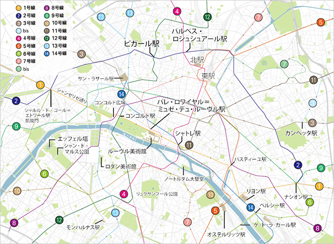 図版：メトロを利用すれば，パリ市内の観光地をほとんどめぐることができる