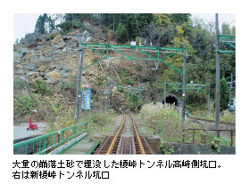 大量の崩落土砂で埋没した榎峠トンネル高崎側坑口。右は新榎峠トンネル坑口