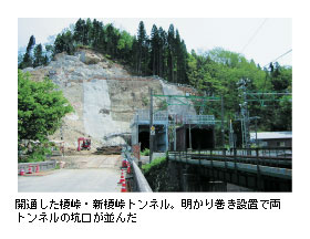 開通した榎峠・新榎峠トンネル。明かり巻き設置で両トンネルの坑口が並んだ