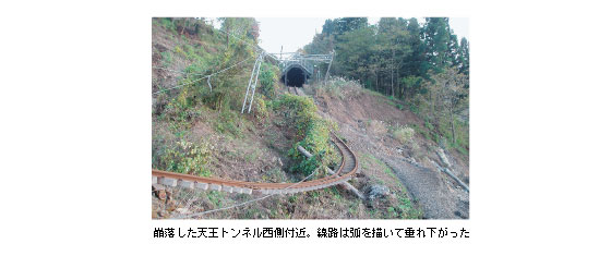 崩落した天王トンネル西側付近。線路は弧を描いて垂れ下がった