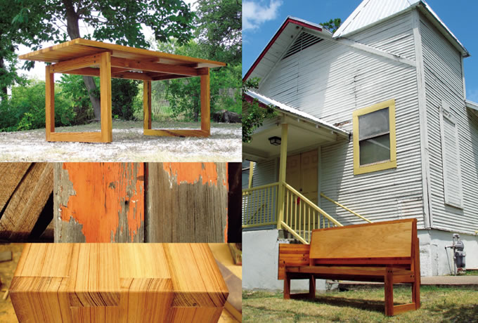 写真：カトリーナ家具プロジェクトで作られたテーブルや長椅子。材料はハリケーンによって発生した倒壊住宅の廃材。19世紀の糸杉等は，表面を削ぎ落とすと美しい木目が出現する 
