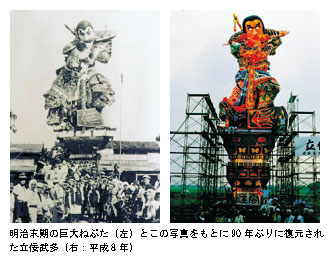 明治末期の巨大ねぷた（左）とこの写真をもとに90年ぶりに復元された立佞武多（右：平成8年）