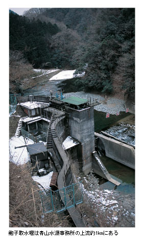 鮑子取水堰は青山水源事務所の上流約1kmにある