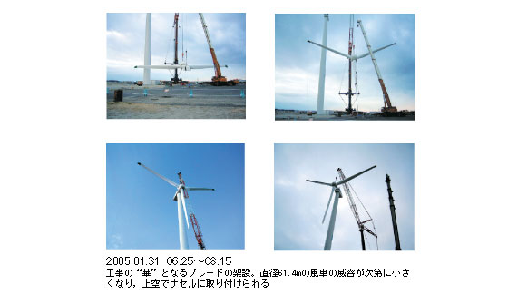 2005.01.31 06:25〜08:15    工事の“華”となるブレードの架設。直径61.4mの風車の威容が次第に小さくなり，上空でナセルに取り付けられる