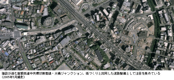 建設が進む首都高速中央環状新宿線・大橋ジャンクション。街づくりと共同した道路整備として注目を集めている（2005年5月撮影）