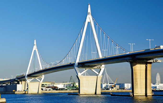 写真：此花大橋（1990年完成）：主橋梁部は3径間連続の自碇式吊橋で，中央径間は300m。この形式としては世界最大の規模をもつ