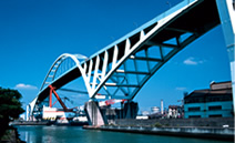 写真：新木津川大橋（1994年完成）：主橋梁部は3径間のバランスドアーチ橋。木津川を一跨ぎする中央径間305mは日本最長のアーチ
