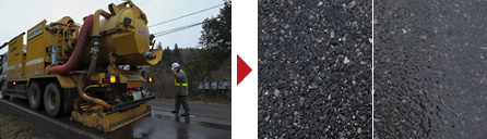 写真：道路高圧除染車の道路洗浄。ノズルを旋回式に改良し，除染効果が大幅に高まった（右：写真左が施工後）