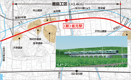 図版：工区全体平面図。坂元駅は約1.1km内陸側に移設される