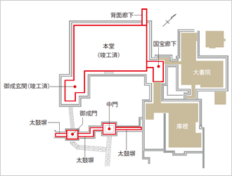 図版：瑞巌寺伽藍配置図。赤く囲った箇所を当社が施工した