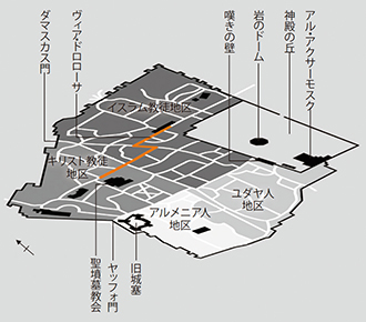 地図：エルサレム旧市街は4つの地区を異教徒が住み分けている