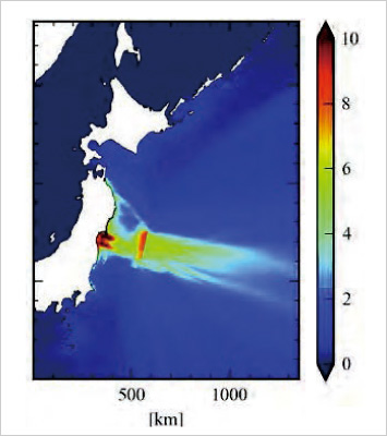 図版：東日本大震災の記録から津波伝播解析を用いた最高津波水位の計算例