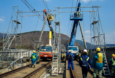 図版：軌陸車を用いた高所作業（3月29日）