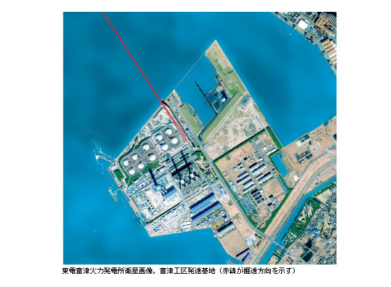 東電富津火力発電所衛星画像。富津工区発進基地（赤線が掘進方向を示す）