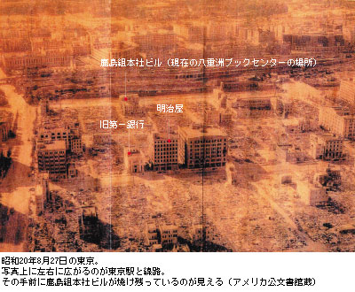 昭和20年8月27日の東京。写真上に左右に広がるのが東京駅と線路。その手前に鹿島組本社ビルが焼け残っているのが見える（アメリカ公文書館蔵）