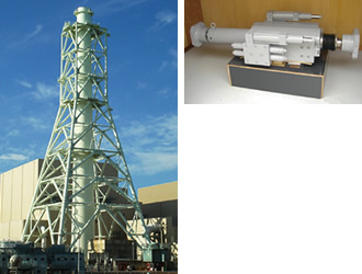 右： 排気筒、 左： 制震装置Nu-DAMの写真