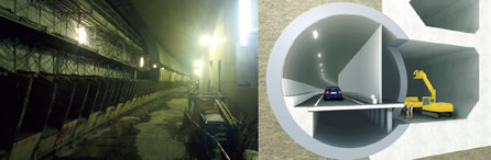 図版：品川線本線となる拡幅躯体からシールドトンネルの壁を撤去する様子。右はイメージ図