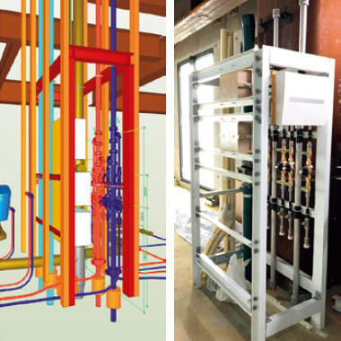 図版：客室用配管ユニットのバーチャルモックアップ（左）と実際にでき上がったもの（右）