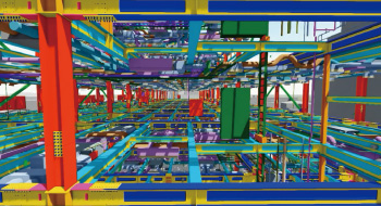 図版：④鉄骨・意匠の統合モデルと設備データの重ね合わせ
