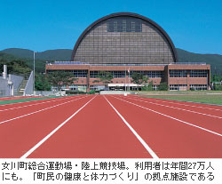 女川町総合運動場・陸上競技場。利用者は年間27万人にも。「町民の健康と体力づくり」の拠点施設である