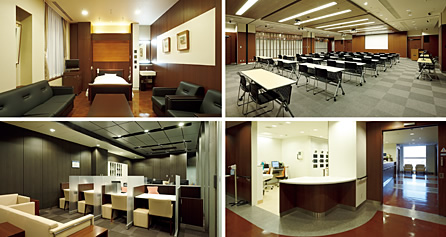写真：個室（左上） 、外来棟7階会議室。パーテーションを取り除くと講堂になる（右上）、相談室（左下）、ナースセンター（右下）