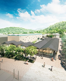 写真：東山の緑に囲まれた新図書館の完成予想パース。さまざまな学びの場で構成されている