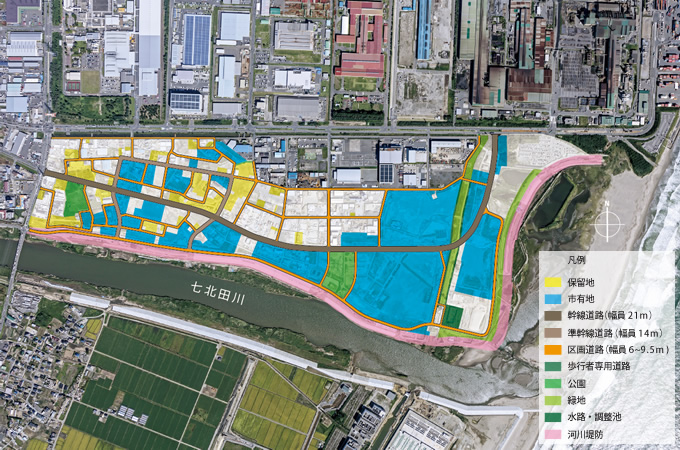 図版：蒲生北部地区の保留地と市有地の位置関係を色別に示した配置図