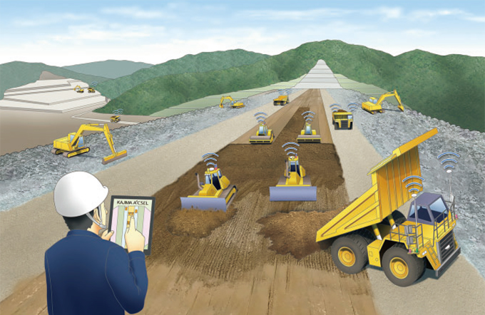 図版：「A4CSEL」によるフィルダムの施工イメージ。この世界が，まもなく「小石原川ダム本体建設工事」で実現する