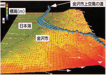 広域環境シミュレーションによる金沢市上空の「風の道」計算結果