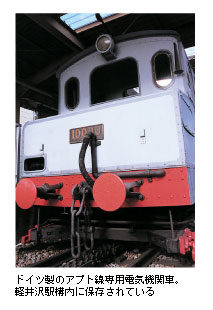 ドイツ製のアプト線専用電気機関車。軽井沢駅構内に保存されている