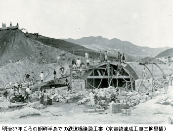 明治37年ごろの朝鮮半島での鉄道橋建設工事（京釜線速成工事三柳里橋）