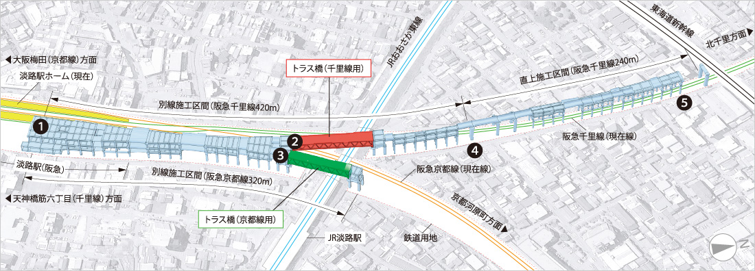 第4工区鳥瞰図　工区内の高架橋のみ3次元モデルで表示。背景は現地の航空写真。