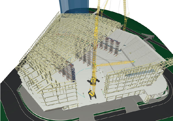 図版：BIMによる屋根トラス工事の進捗図。屋根は18本のトラス梁で構成される