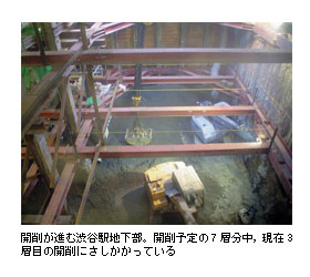 開削が進む渋谷駅地下部。開削予定の7層分中，現在3層目の開削にさしかかっている
