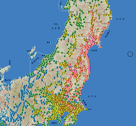 図：東北地方太平洋沖地震による震度分布（気象庁公表データ）