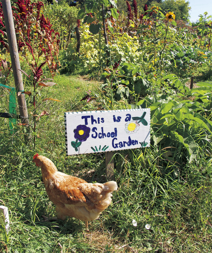 写真：農園の入口に立てられた生徒たちの手づくり看板。園内では鶏も飼育されている
