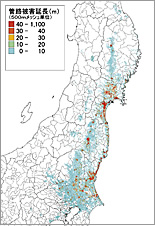 図：下水道管路の被害予測結果(管径600ｍｍ未満と600ｍｍ以上の総延長)