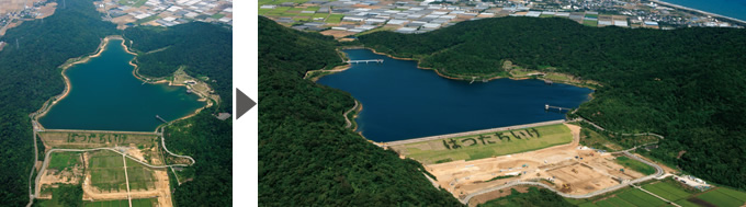 写真：再開発前の全景と盛立が完了し，試験湛水時の初立ダム全景