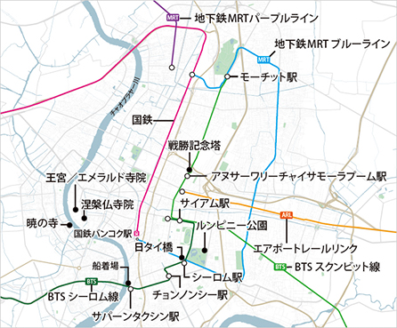 図版：スワンナプーム国際空港とバンコク中心部は都市高速鉄道のエアポートレールリンクが結ぶ