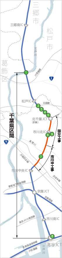 図版：外環道千葉県区間のルートと当社の担当工区