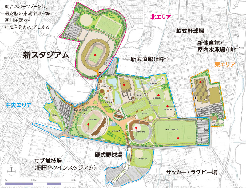 図版：当社は北エリアの新スタジアムの施工を担当している