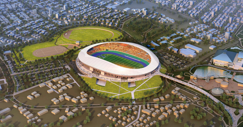 図版：南西上空からの栃木県総合スポーツゾーン新スタジアム完成予想図