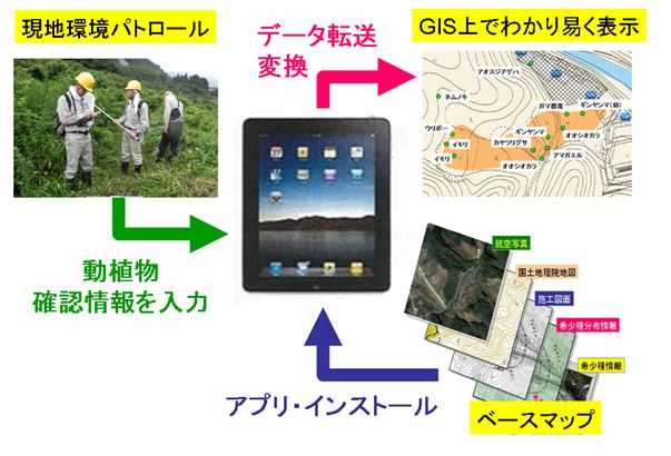 iPadを活用した動植物・環境モニタリングシステム概念図