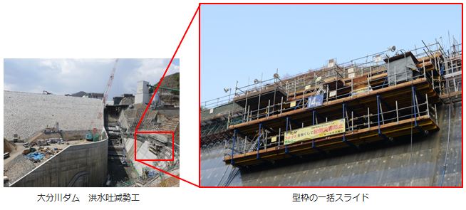 大分川ダム洪水吐減勢工 型枠の一括スライド