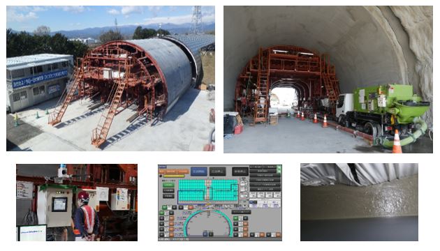 模擬トンネルで覆工コンクリートを自動打設中