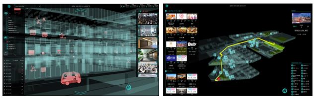 HICityでの活用状況（左：自動運転バスとの連携、右：街の案内図としての活用）