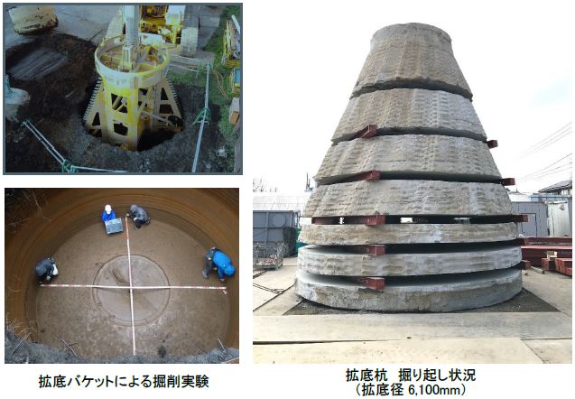 拡底バケットによる掘削実験、拡底杭掘り起こし状況