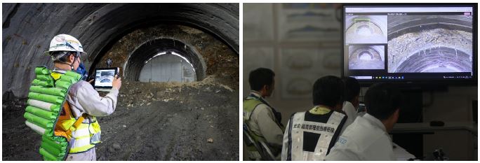 トンネル坑内での遠隔臨場の実施状況（左：現場配信側、右：遠隔参加者側）"