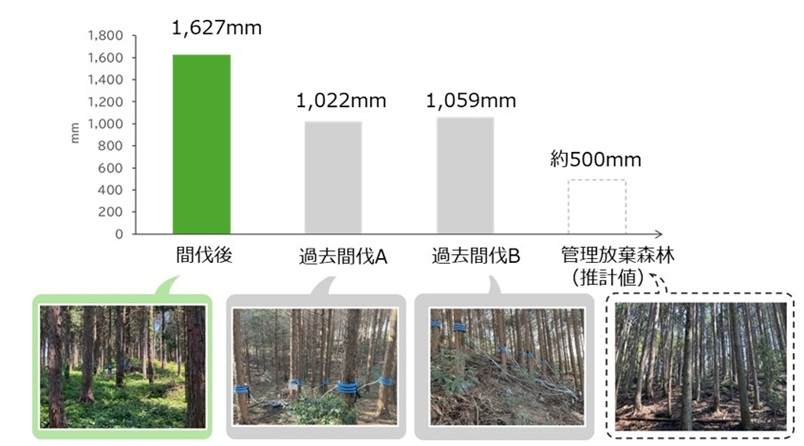 図版：間伐による水源涵養量の差異評価例